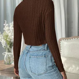 drfashion Casual Regular Sleeves Self Design Women Brown Top image 2