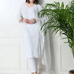 RAJPUTANA CAMISA V-Neck Lace Angrakha Pure Cotton A-Line Kurta with Trousers & Dupatta image 1
