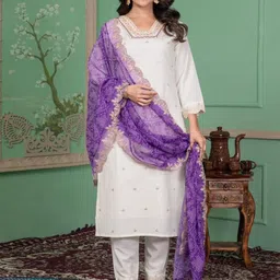 Foxent Women Solid Embroidered Cotton Kurta with Trousers & Dupatta-picture-20