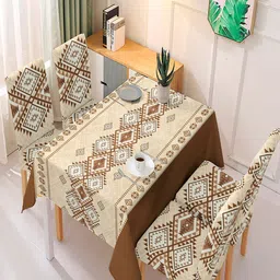 HOKIPO Moss Brown 5 Pieces Rhombus Printed Dining Chair Covers With Matching Table Cloth image 5
