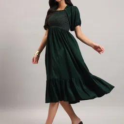 Femvy Square Neck Puff Sleeves Tiered Fit & Flare Midi Dress-picture-12