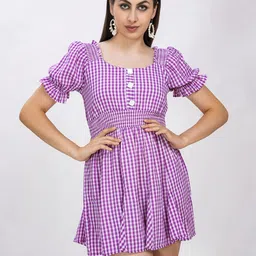 clobug Women Checked Puff Sleeve Cotton Fit & Flare Above Knee Dress-image-4