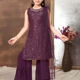 Sangria Girls Purple Geometric Embroidered Round Neck Straight Kurta With Sharara& Dupatta-picture-57