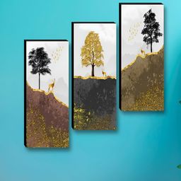 Aura Gold-Toned & Black 3 Pieces Tree Floral And Botanical Wooden Wall Art-picture-22