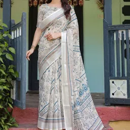 ALMAARI FASHION Floral Printed Pure Linen Banarasi Saree With Unstitched Blouse image 4