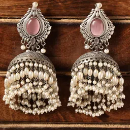 VENI 92.5 Silver-Plated Oxidised Stone Studded & Beaded Jhumkas image 2
