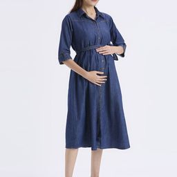 MeeMee Women Maternity Denim Shirt Midi Dress-picture-36