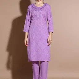 Anouk Purple Floral Printed Mirror Work Pure Cotton Straight Kurta With Trouser image 1