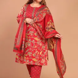 Swasti Floral Printed Regular Pure Cotton Straight Kurta with Trousers & Dupatta image 4