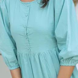 Janasya Women Blue Pure Cotton Solid Tiered Dress image 4