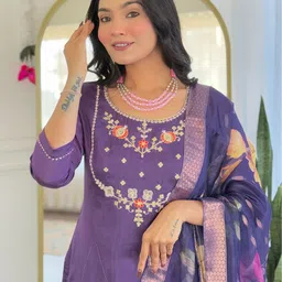 Siya Fashion Ethnic Motifs Embroidered Sequinned Straight Kurta With Trousers & Dupatta image 2