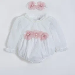 Hopscotch Infant Girls Self Design Floral Applique Bodysuit with headband-image-95