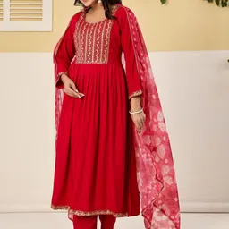 SUAAC Women Ethnic Motifs Embroidered Pleated Anarkali Kurta & Trousers With Dupatta image 4