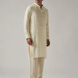 Banana Club Subtle Striped Mandarin Collar Long Roll-Up Sleeves Straight Kurta image 2