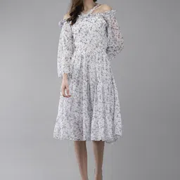 BAESD Women Floral Print Off-Shoulder Georgette Tiered Fit & Flare Midi Dress-image-47
