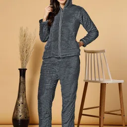 FABINALIV Women Striped Hooded Night suit With Side Pocket-image-19