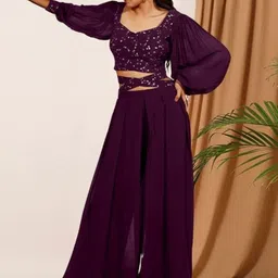 PARROT CREATION Gopi Embroidered Sweetheart Neck Georgette Crop Top With Palazzos-picture-28