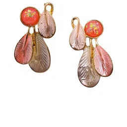 AVANT-GARDE PARIS Gold Plated Artificial Stones Studded Leaf Enamelled Drop Earrings image 3