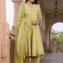 KALINI Floral Printed Mirror Work Anarkali Pure Cotton Kurta With Trousers & Dupatta image 5