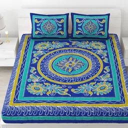 Aura Blue & Yellow Floral 144 TC Queen Bedsheet with 2 Pillow Covers-picture-33