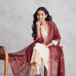 Fabindia Geometric Embroidered Cotton Silk Dupatta With Sequinned image 4