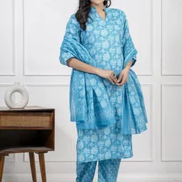 SRF JAIPUR Women Floral Printed Regular Pure Cotton Kurta with Trousers & With Dupatta-picture-42
