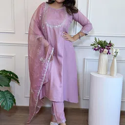 SWEETPEL Adults-Women Woven Design Embroidered Kurta with Trousers & Dupatta image 5