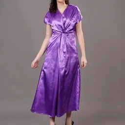 MODA-Q Women Puff Sleeve Satin A-Line Midi Dress image 3