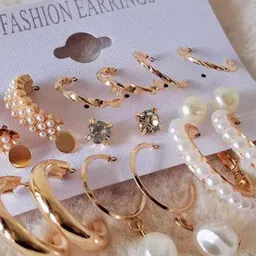 PolluxCraft Set of 9 Gold-Plated Pearls Beaded Contemporary Korean Studs image 3