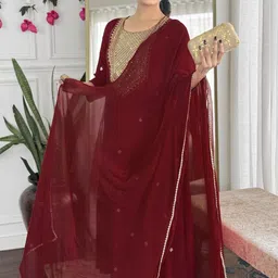 DIVASTRI Ethnic Motifs Embroidered A Line Kurta With Palazzos & Dupatta image 5