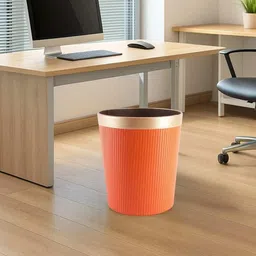 AARVI DECOR STUDIO Orange Faux Leather With Wooden Striped Dustbin-picture-0