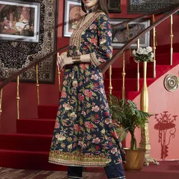 HERE&NOW Women Floral Printed Panelled Thread Work Pure Cotton Kurta with Trousers & With Dupatta image 2