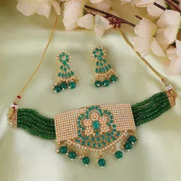 ANIKAS CREATION Gold-Plated Green Stone-Studded & Beaded Jewellery Set-picture-19