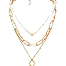 Krelin Gold-Plated Trendy Triple Layered Lock & Heart Chain Necklace image 2