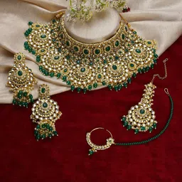 SOHI Gold-Plated Green & White Kundan Studded Jewellery Set-picture-21