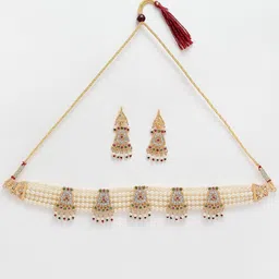 ZENEME Gold-Plated Stone-Studded & Beaded Choker Necklace Set image 3