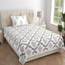 Texstylers White Floral 210 TC Pure Cotton Single Bedsheet With 1 Pillow Cover-image-24