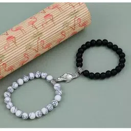 MEENAZ Unisex Set Of 2 Silver-Plated Magnetic Couple Adjustable Elasticated Bracelets-picture-48