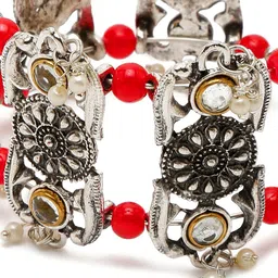 Sangria Silver-Plated Stone-Beaded Oxidised  Cuff Bracelet image 4