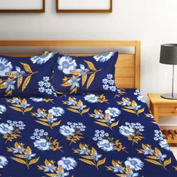Fashion String Blue & Navy Blue Floral 144 TC Queen Bedsheet With 2 Pillow Covers image 2