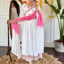 KALINI V-Neck Floral Embroidered Thread Work Pleated Anarkali Kurta with Trouser & Dupatta image 2