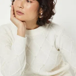 max Women Argyle Self Design Rounds Neck Full Sleeves Pullover with Embellished Detail image 2