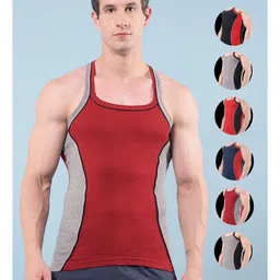 RKG Pack Of 7 Assorted Colourblocked Cotton Square Neck Gym Vests-image-17