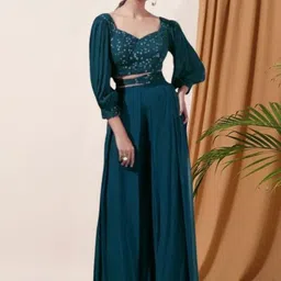 PARROT CREATION Floral Embroidered Poly Georgette V-Neck Crop Top With Palazzos-picture-34