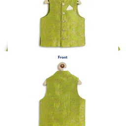 Tiber Taber Boys Band Collar Jacquard Weave Straight Kurta with Trousers & Nehru jacket image 2