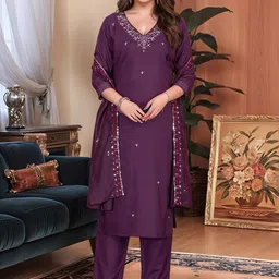 Moda Rapido Floral Embroidered V-Neck Sequinned Straight Kurta With Trousers & Dupatta image 4