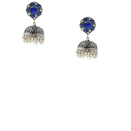NAMAN ARTS Silver-Plated Artificial Stones Studded & Beaded Dome Shaped Oxidised Jhumkas image 2