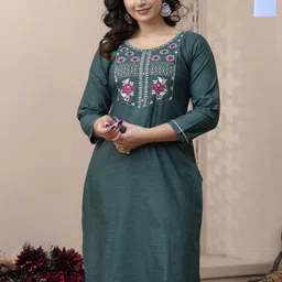AUZAAI COLLECTION Selection Of 2 Floral Embroidered Round Neck Pure Cotton Kurtas-picture-16