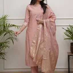 BAPS Women Ethnic Motifs Embroidered Regular Thread Work Chanderi Silk Kurta with Trousers & With Dupatta-picture-25