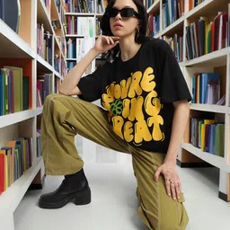juneberry Oversized Women Printed, Typography Round Neck Pure Cotton Black T-Shirt-picture-17